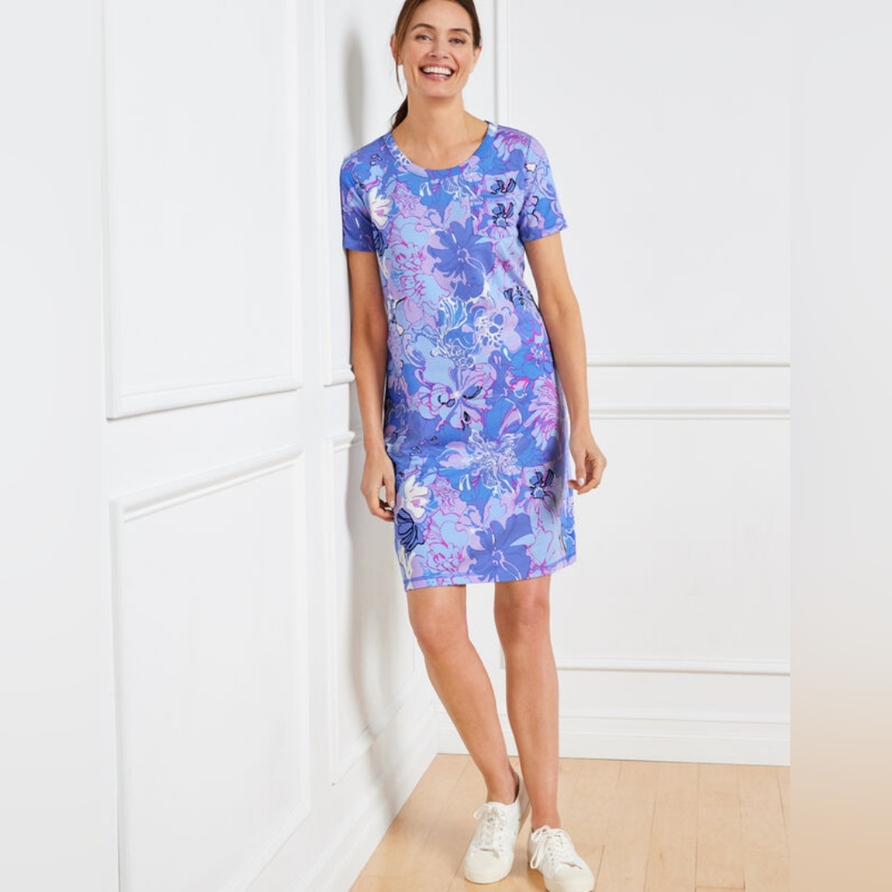 Like New Talbots Patch Pocket Lavender/Blue Floral T-shirt Dress Large Petite - Picture 2 of 7